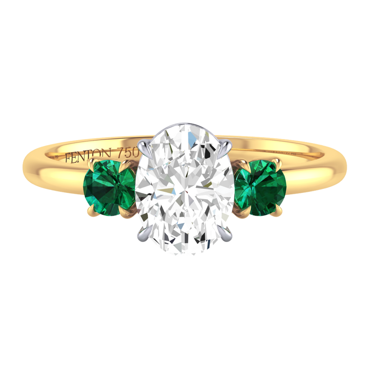 Solar Diamond Trilogy Oval Cut Diamond and Emerald 18k Yellow Gold Ring