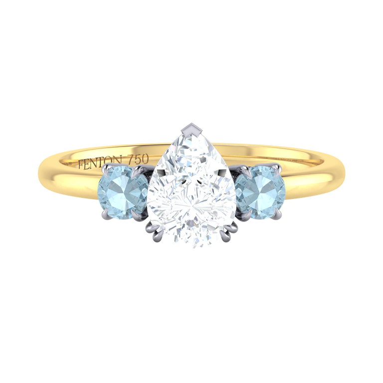 Solar Diamond Trilogy Pear Cut Diamond and Aquamarine 18k Yellow Gold Ring