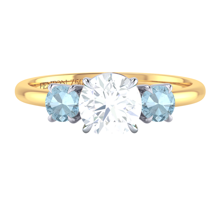 Solar Diamond Trilogy Round Cut Diamond and Aquamarine 18k Yellow Gold Ring