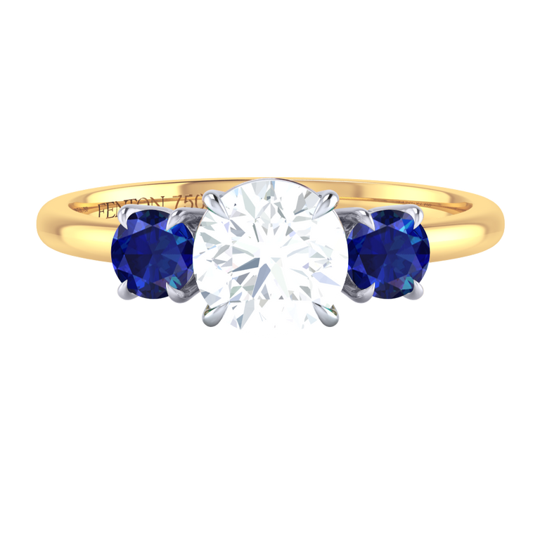 Solar Diamond Trilogy Round Cut Diamond and Blue Sapphire 18k Yellow Gold Ring