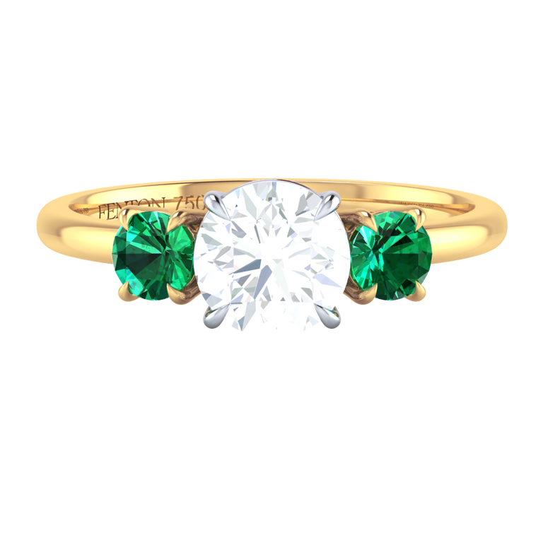 Solar Diamond Trilogy Round Cut Diamond and Emerald 18k Yellow Gold Ring