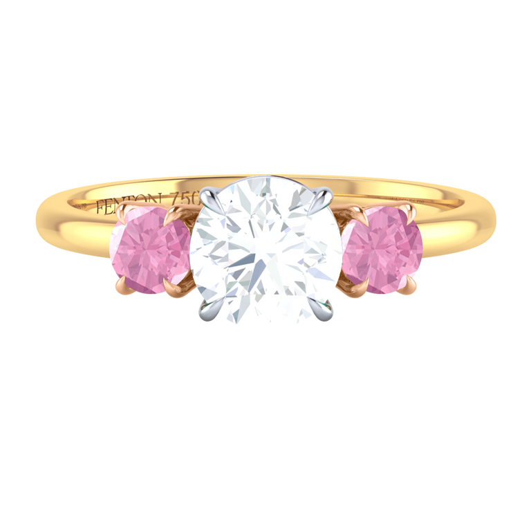 Solar Diamond Trilogy Round Cut Diamond and Pink Sapphire 18k Yellow Gold Ring