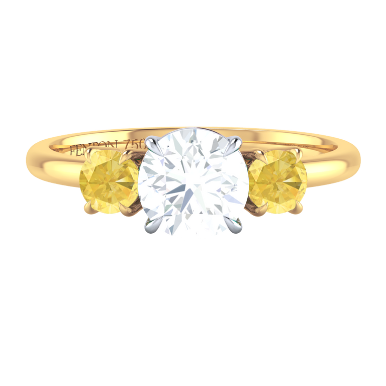Solar Diamond Trilogy Round Cut Diamond and Yellow Sapphire 18k Yellow Gold Ring