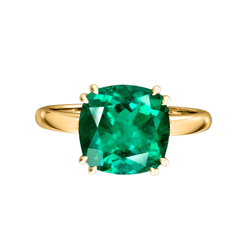 Solitaire Cushion Emerald 18K Yellow Gold Ring