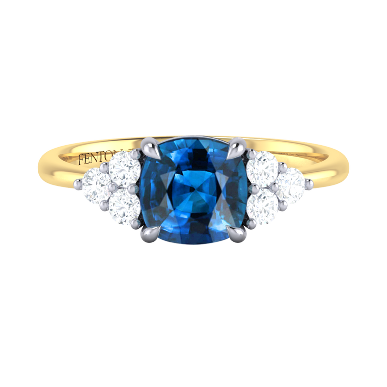Trefoil Cushion Blue Sapphire 18K Yellow Gold Ring