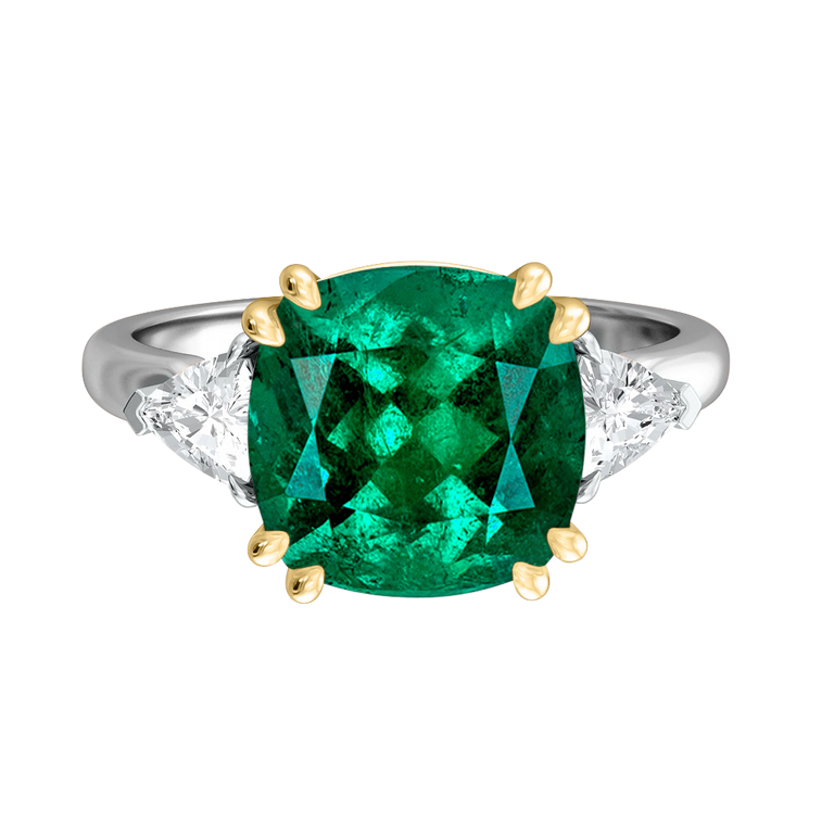 Trilogy Cushion Emerald Platinum Ring