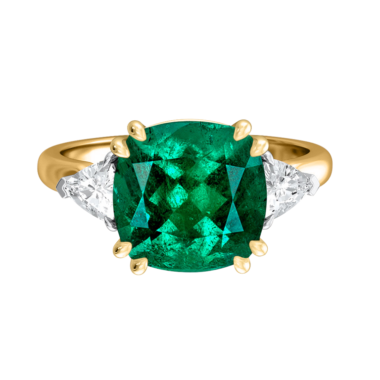 Trilogy Cushion Emerald 18K Yellow Gold Ring